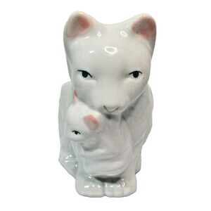 Vintage Momma Cat Carrying Kitten Flower Pot Planter White Pink In/Outdoor 6.5"